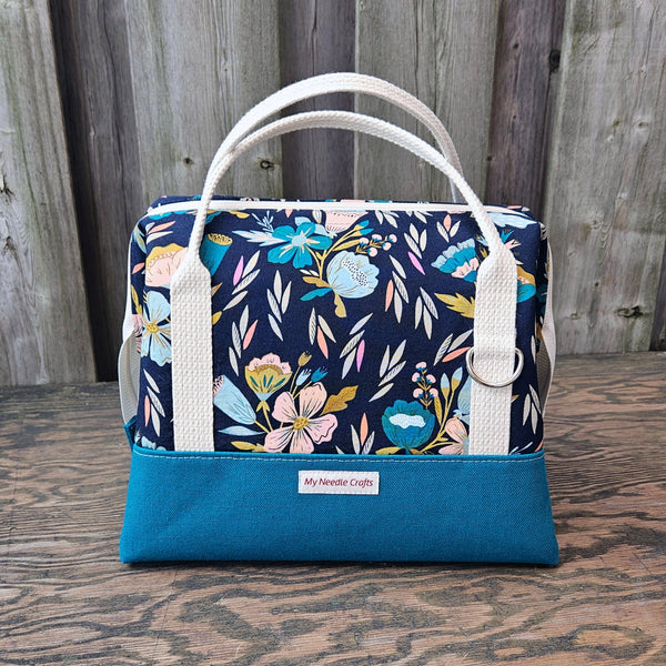 Teal with Modern Flowers Print Knit Night Bag, Wire framed doctor style bag