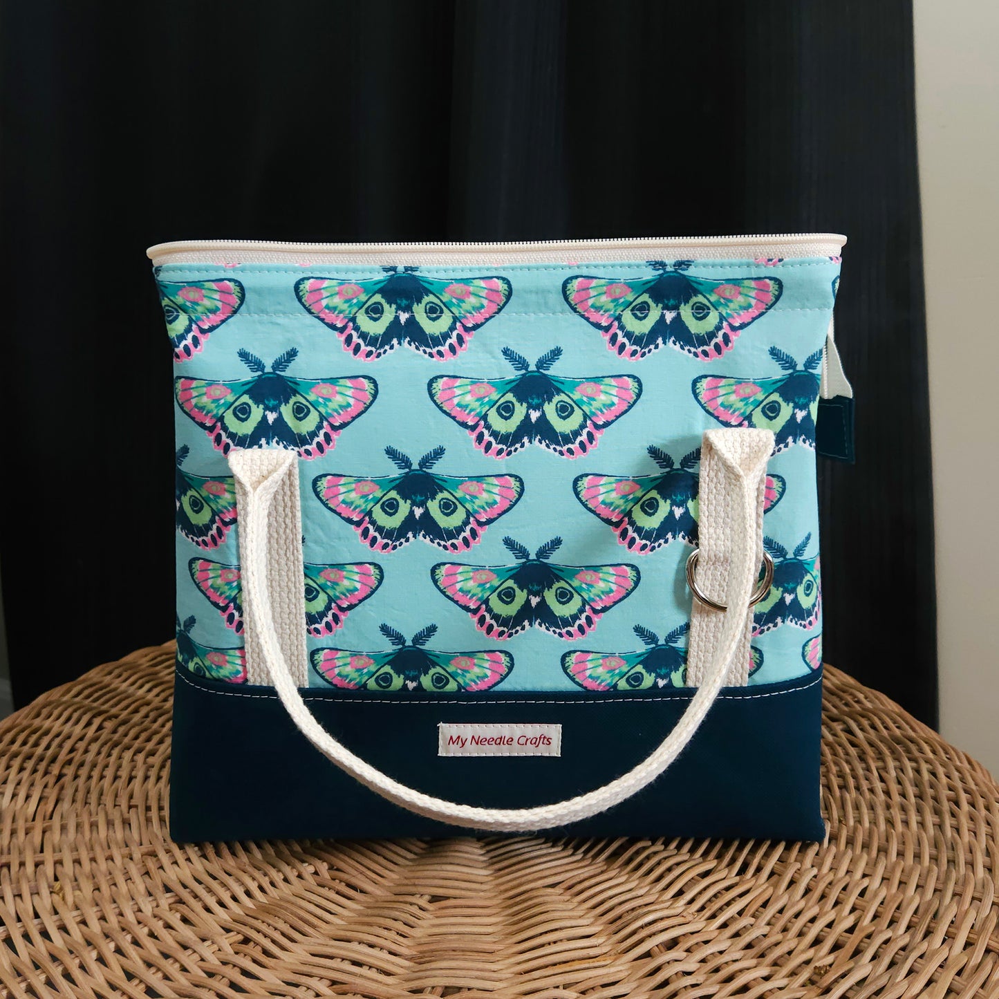 Teal and Pink Moth Print Knit Night Project Bag