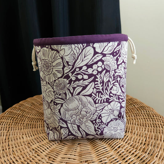 Eggplant Floral Print Linen Divided Shawl Size Bag