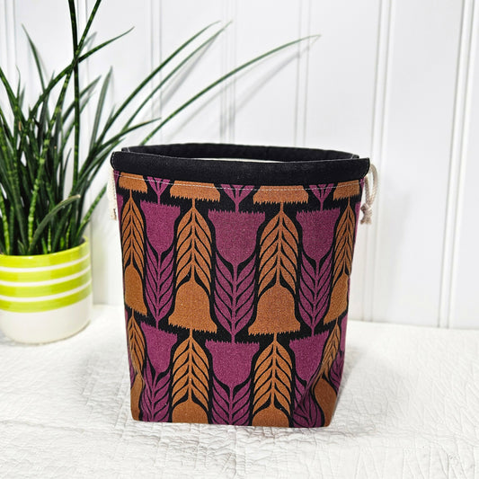 Purple and Gold Flowers Linen Divided Shawl Size Project Bag