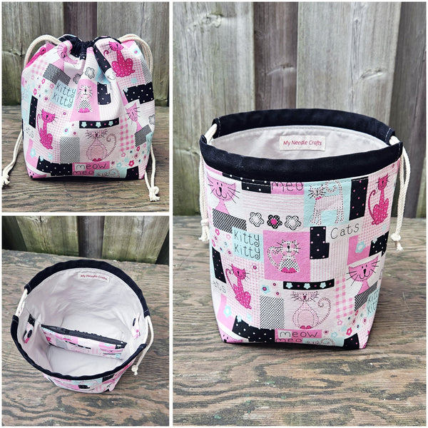 Pink Kitty Cat Print Divided Sock Size Knitting Bag