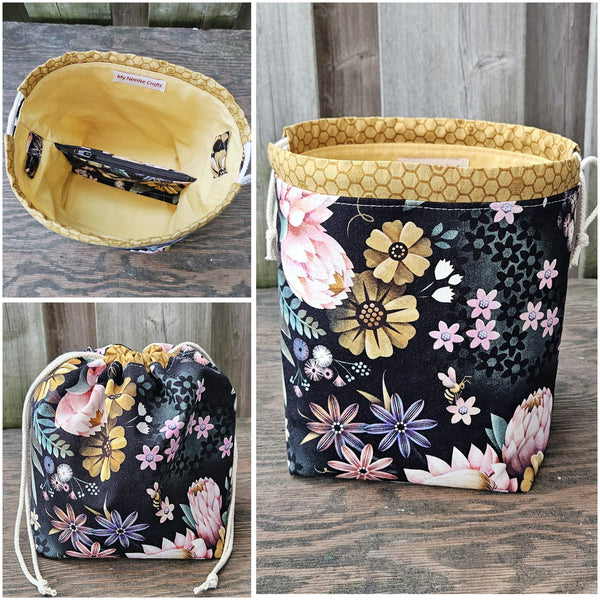 Honey Bloom Bee Print Divided Sock Size Knitting Bag