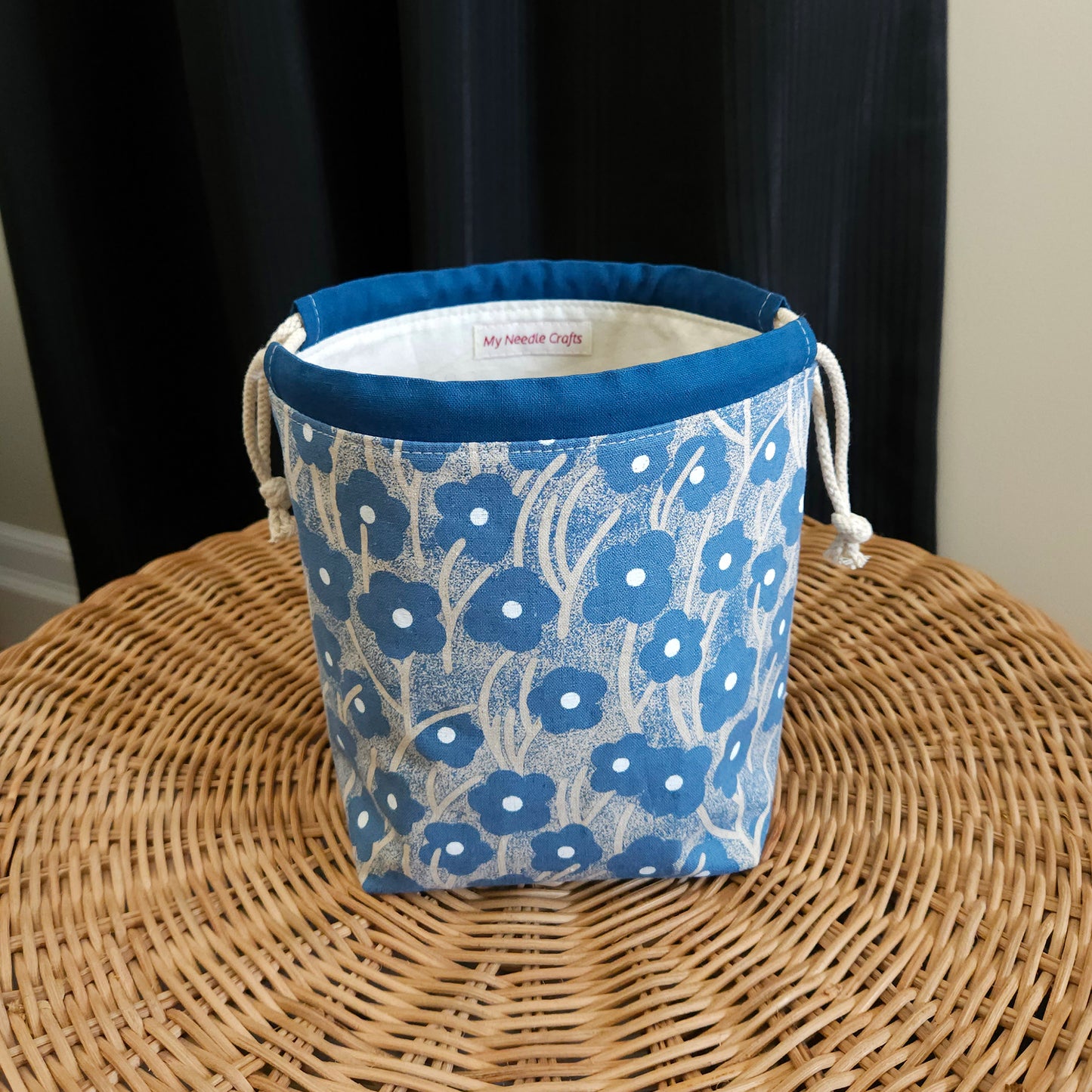 Blue Flowers Print Linen Divided Sock Knitting Bag