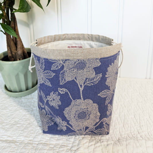 Flowers on Periwinkle Blue Print Sock Knitting Project Bag