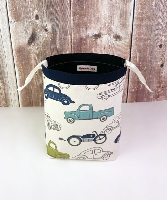 Vintage Car Print Divided Sock Size Knitting Bag