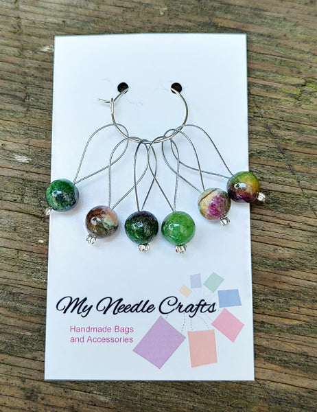 Knitting Stitch Markers with semi precious Dyed Quarts imitation Ruby Kyanite beads - Set of 6