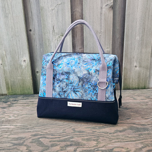Black with Blue and Grey Batik print Knit Night Project Bag