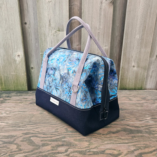 Black with Blue and Grey Batik print Knit Night Project Bag