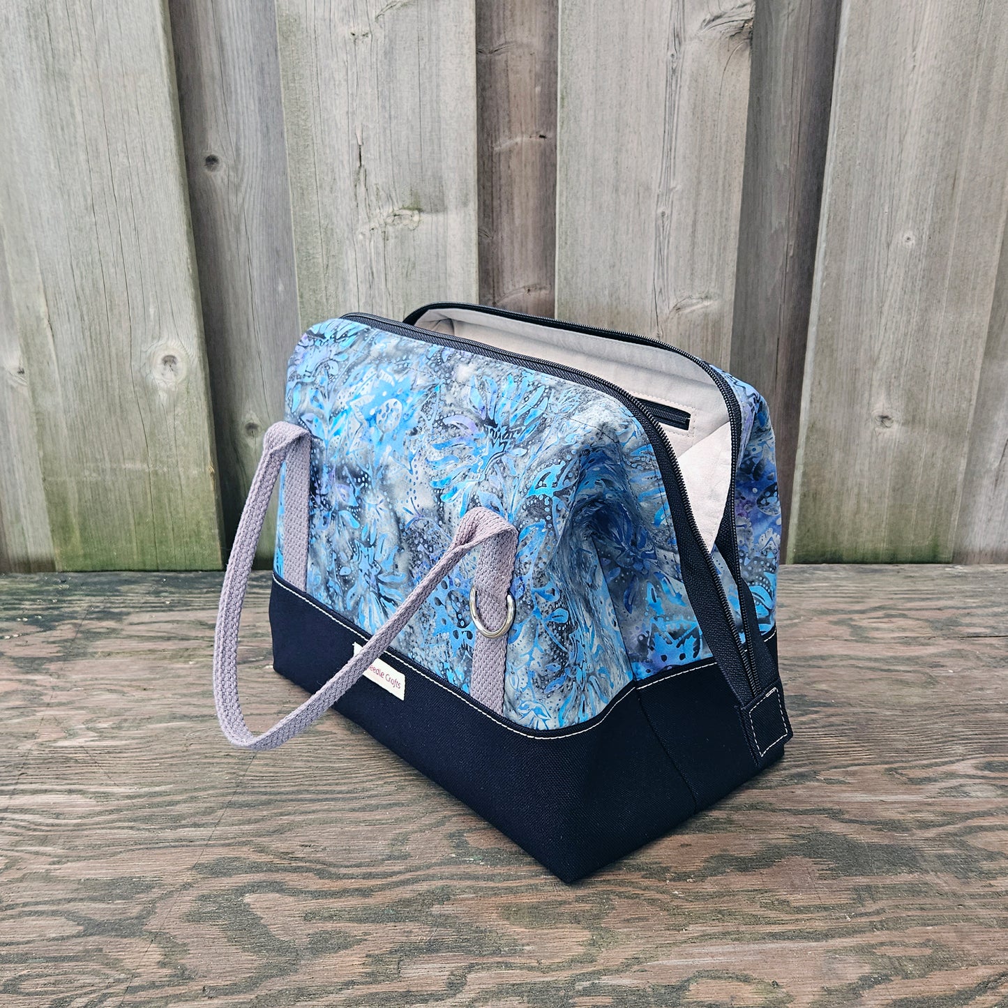 Black with Blue and Grey Batik print Knit Night Project Bag