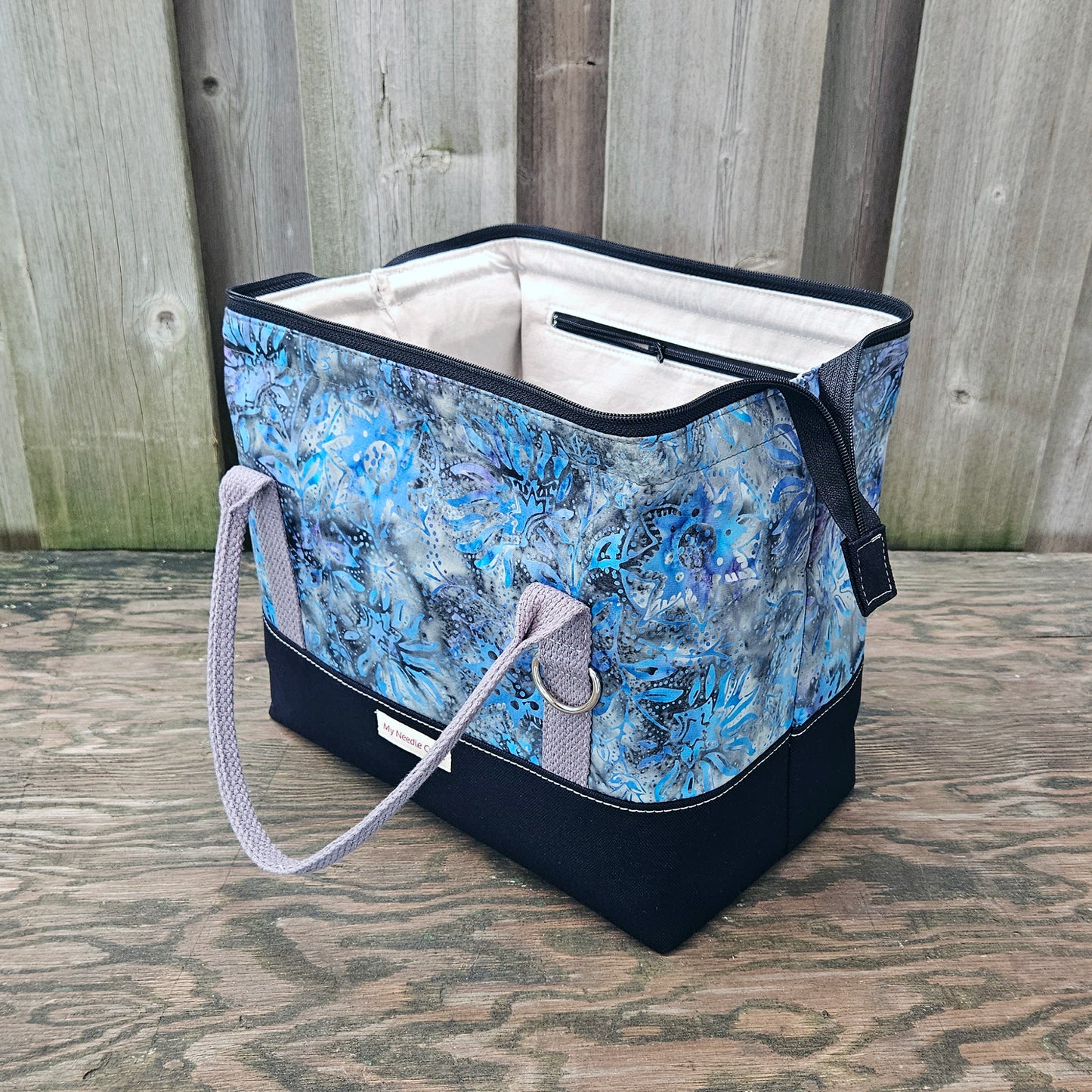 Black with Blue and Grey Batik print Knit Night Project Bag