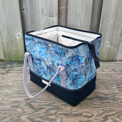 Black with Blue and Grey Batik print Knit Night Project Bag