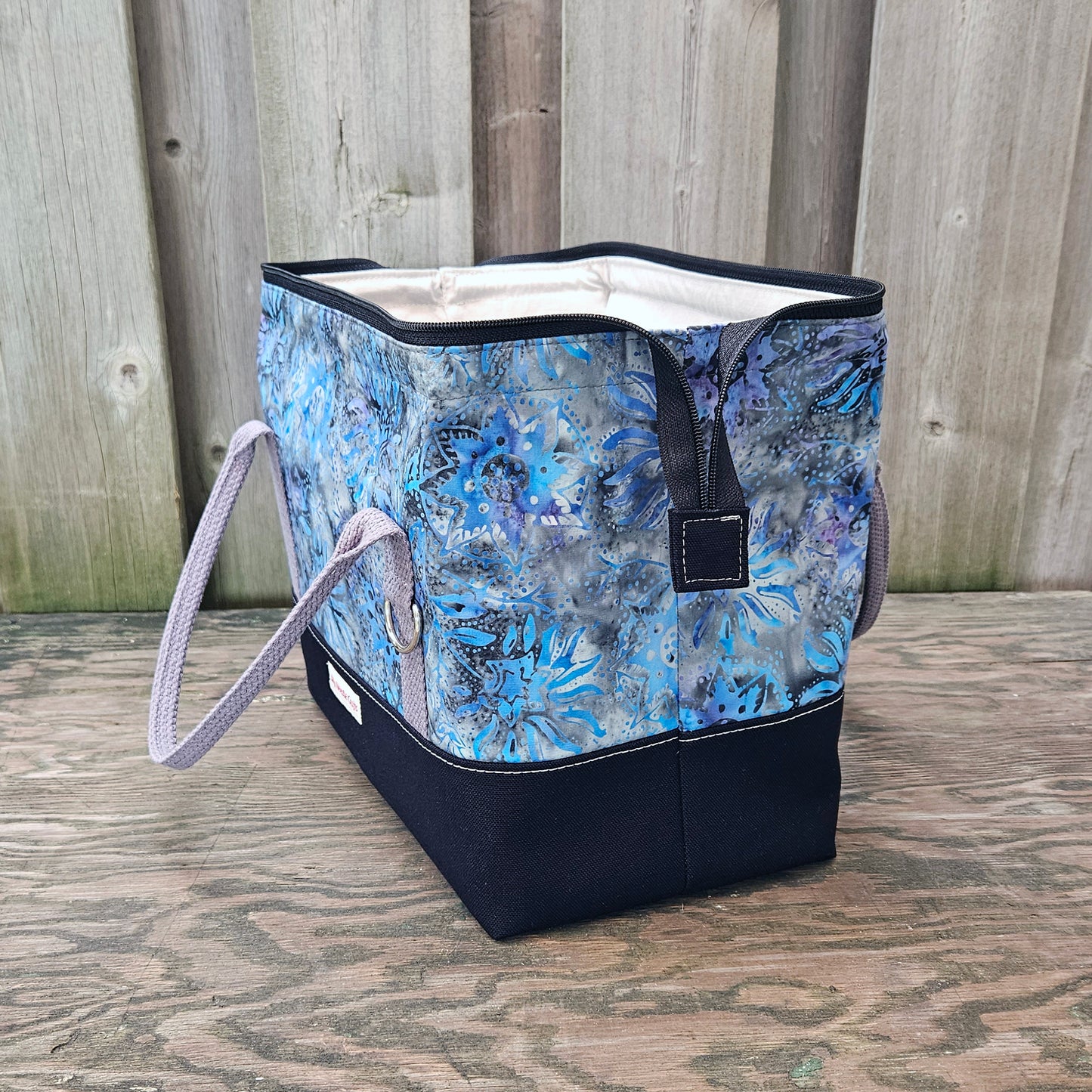 Black with Blue and Grey Batik print Knit Night Project Bag