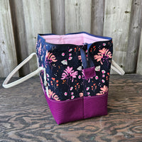 Knit Night Bag in purple canvas and navy modern flower print