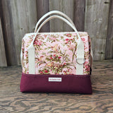 Knit Night Bag in burgundy red canvas and floral birds print