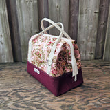 Knit Night Bag in burgundy red canvas and floral birds print