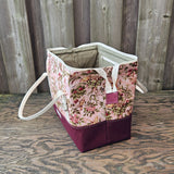 Knit Night Bag in burgundy red canvas and floral birds print
