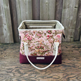 Knit Night Bag in burgundy red canvas and floral birds print