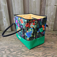 Knit Night Bag in Kelly Green canvas and Bright Flowers print