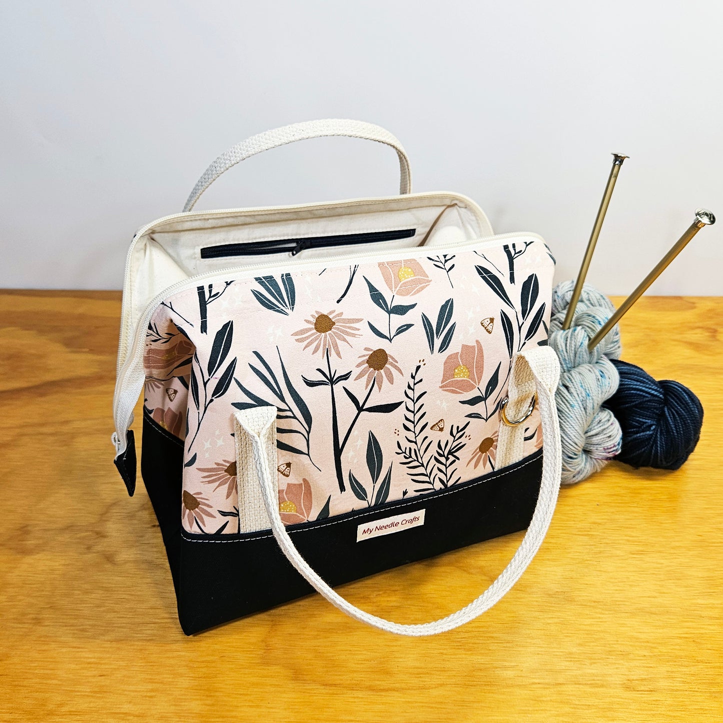 Navy and Peach Floral print Knit Night Project Bag