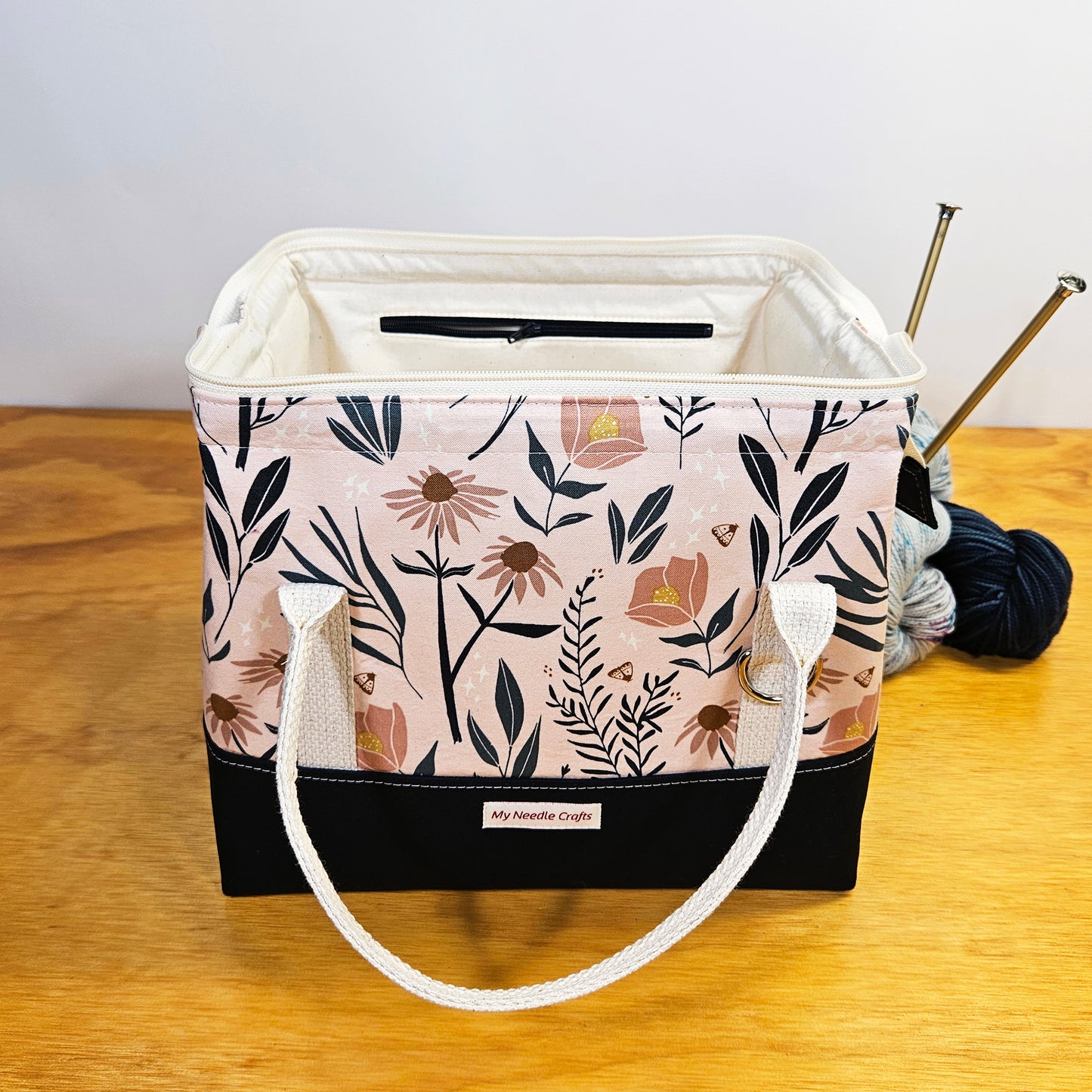 Navy and Peach Floral print Knit Night Project Bag