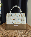 Knit Night Bag in caramel canvas and little birds print