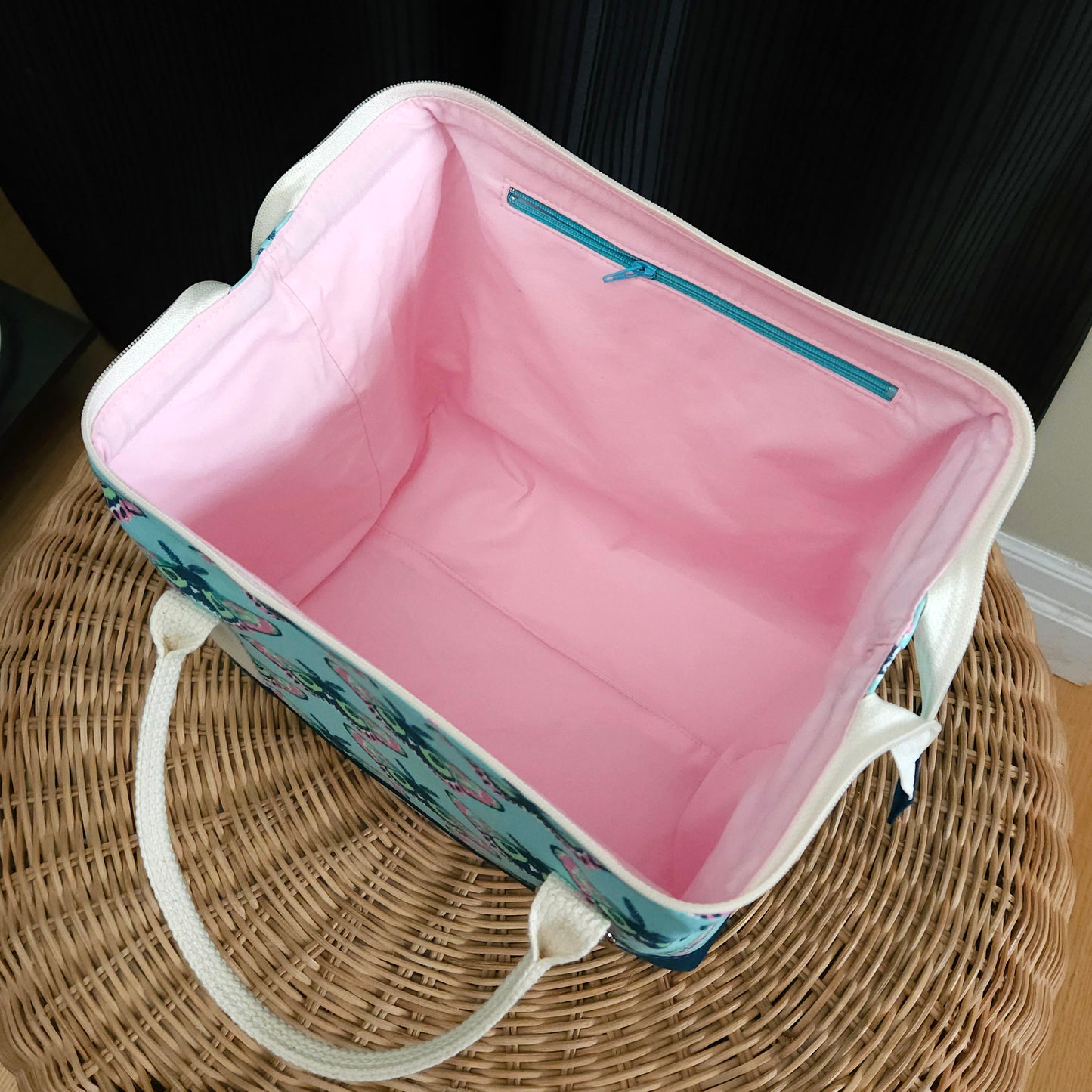 Teal and Pink Moth Print Knit Night Project Bag