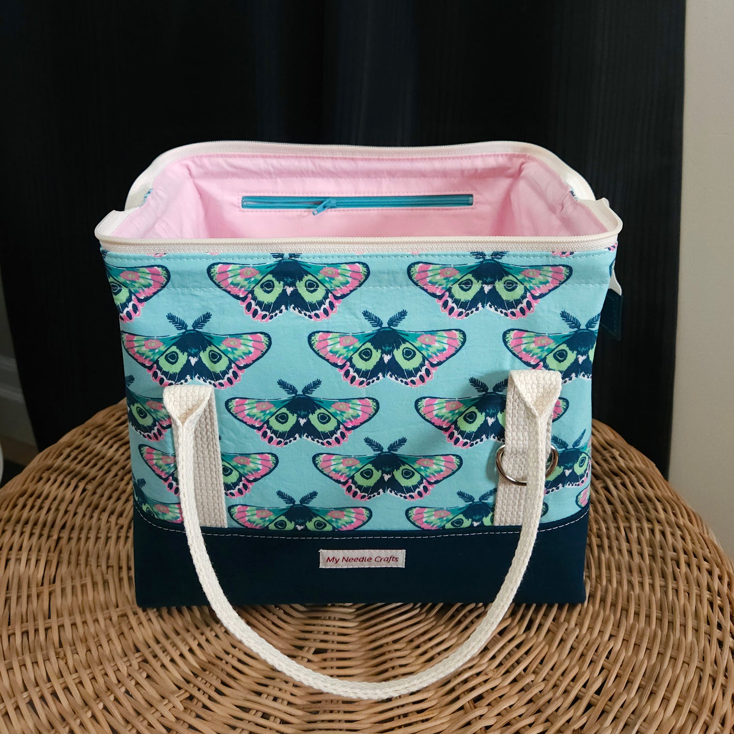 Teal and Pink Moth Print Knit Night Project Bag