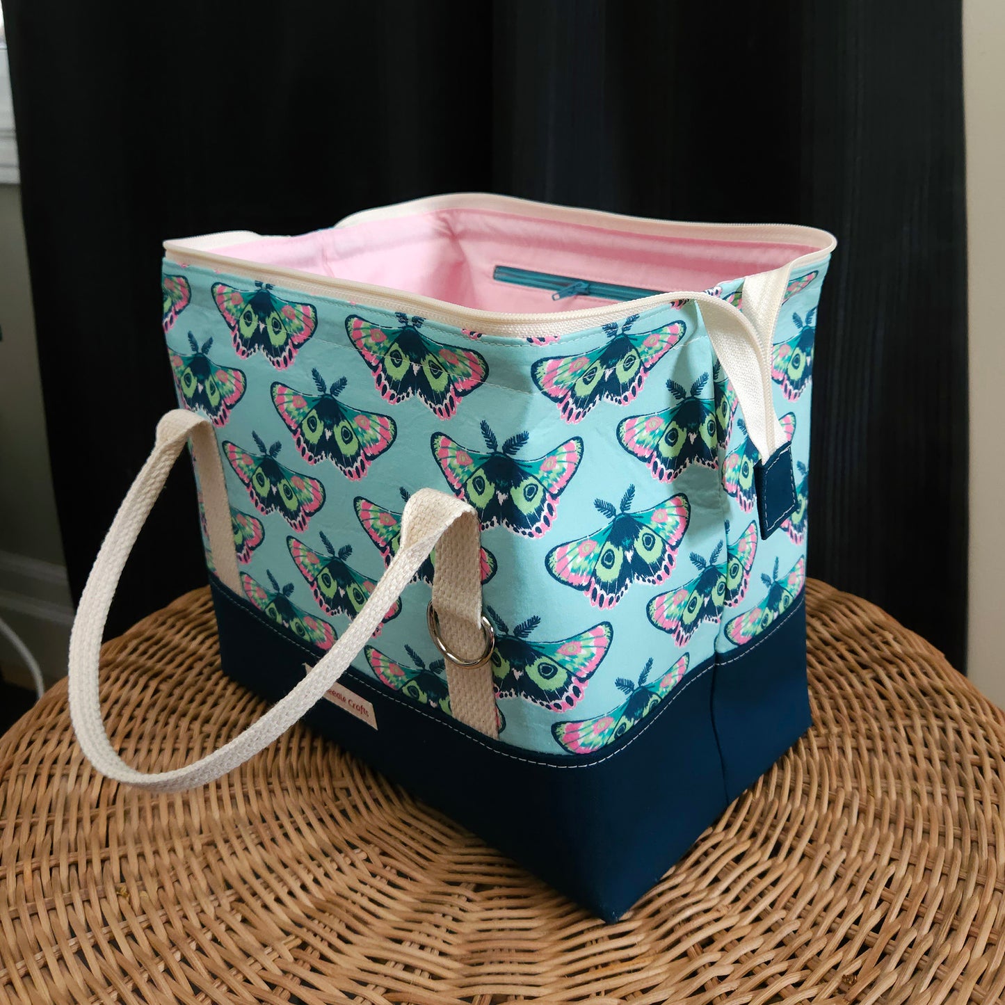 Teal and Pink Moth Print Knit Night Project Bag
