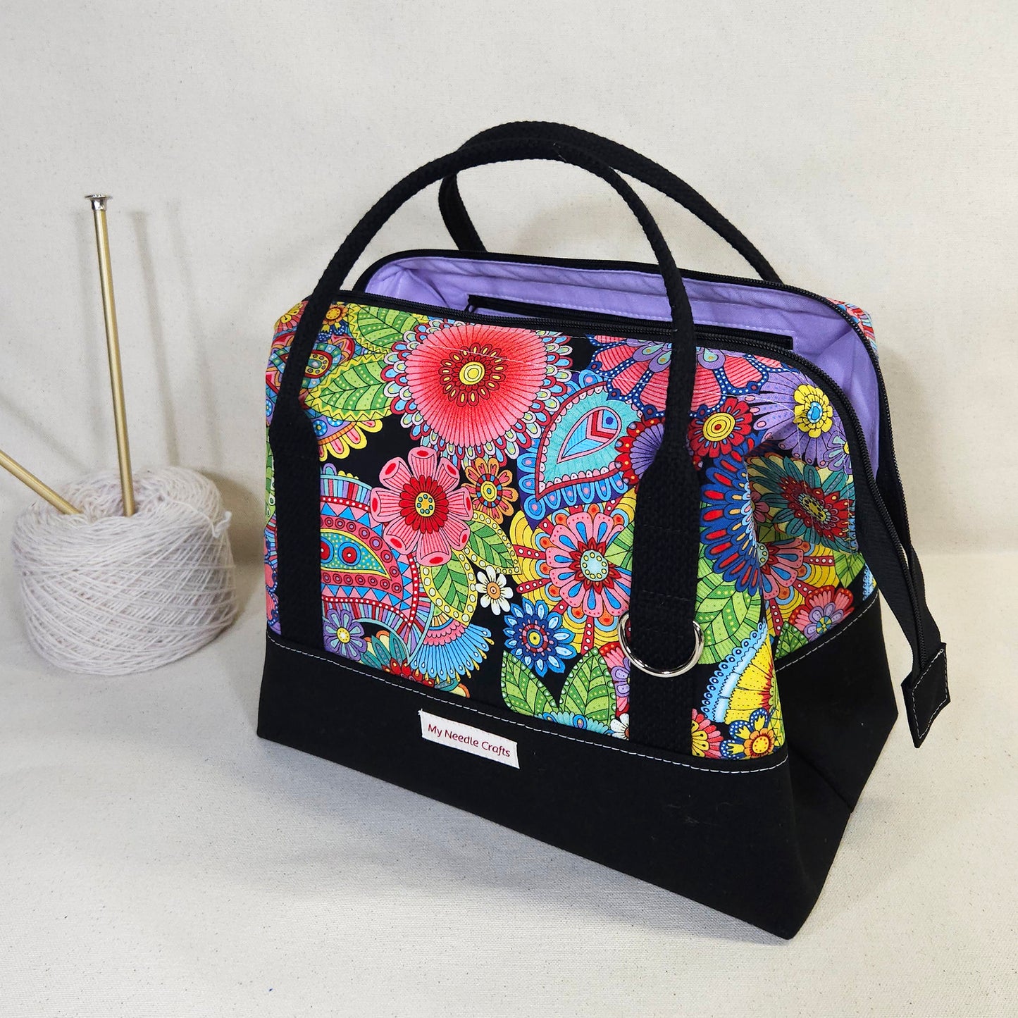Knit Night Project Bag in Retro Mandala Flowers