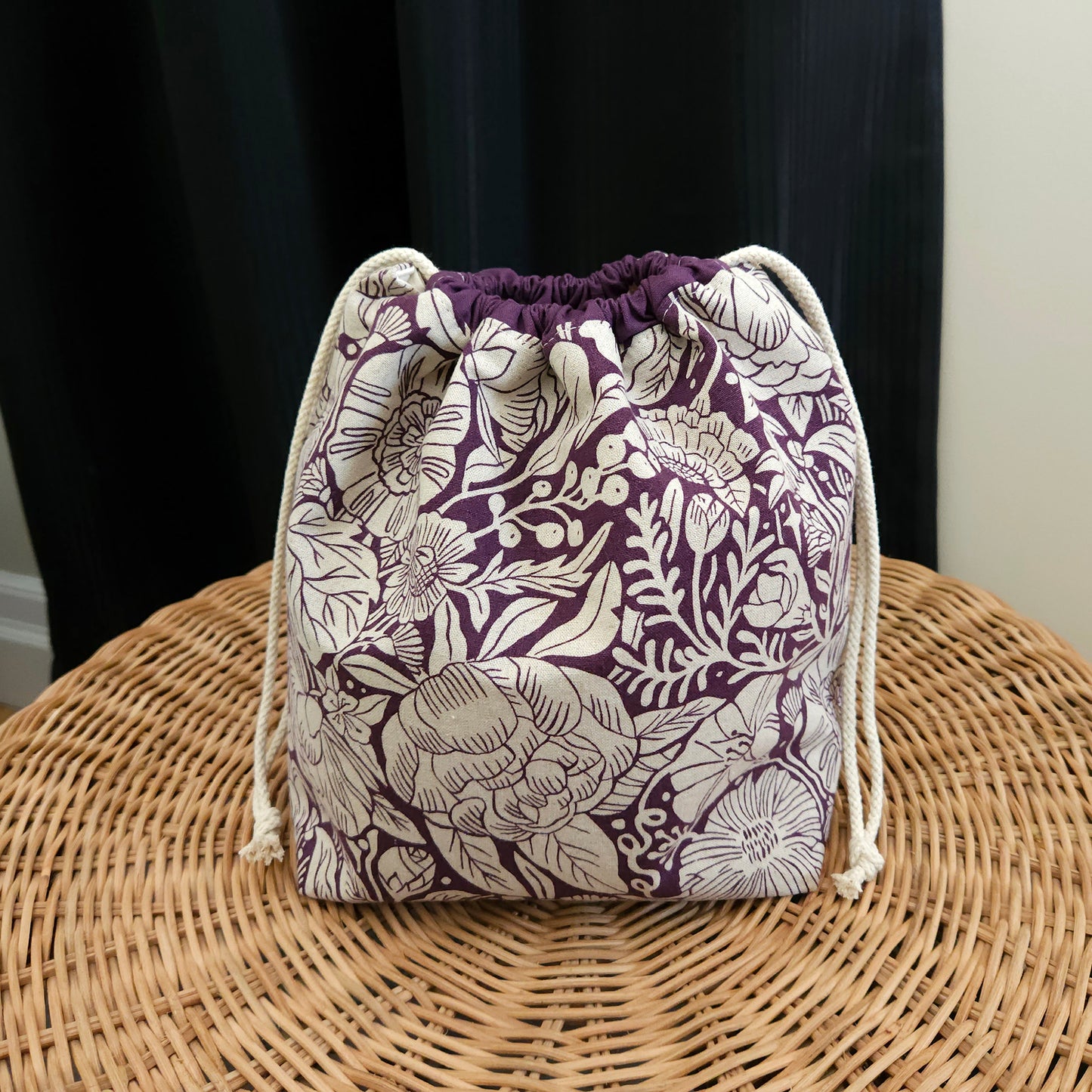 Eggplant Floral Print Linen Divided Shawl Size Bag