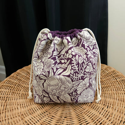 Eggplant Floral Print Linen Divided Shawl Size Bag