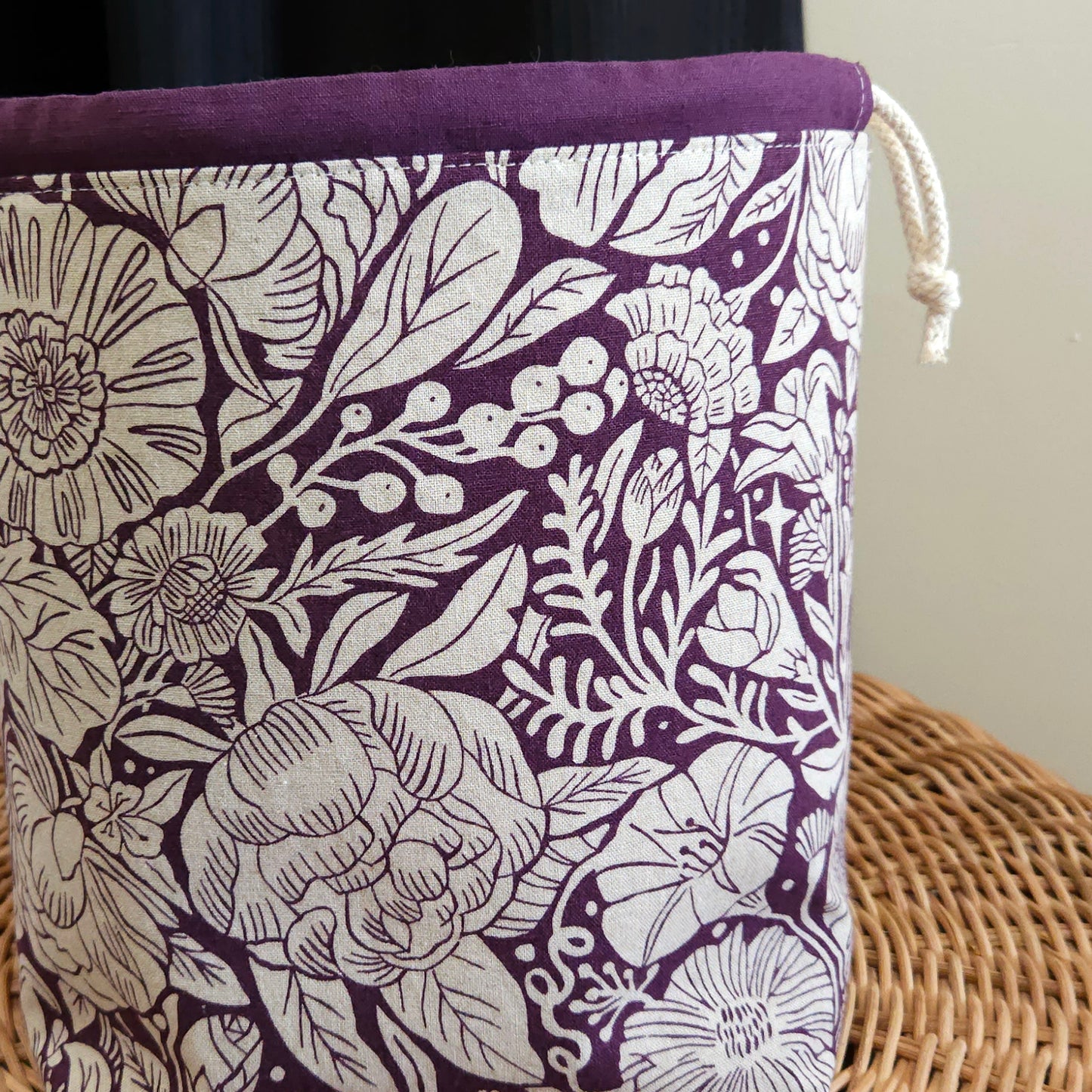 Eggplant Floral Print Linen Divided Shawl Size Bag