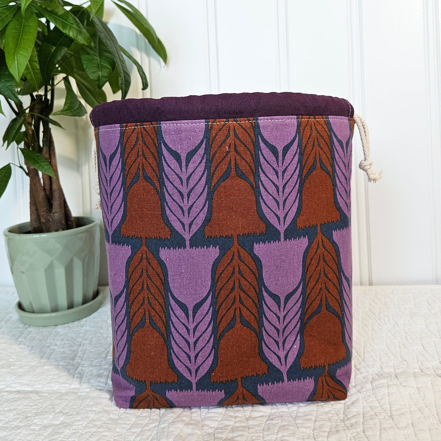 Purple Flowers Linen Divided Shawl Size Bag