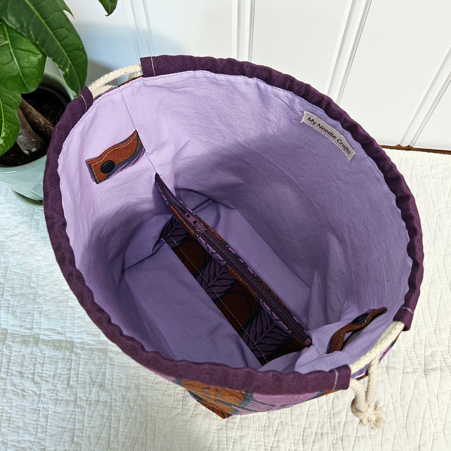 Purple Flowers Linen Divided Shawl Size Bag