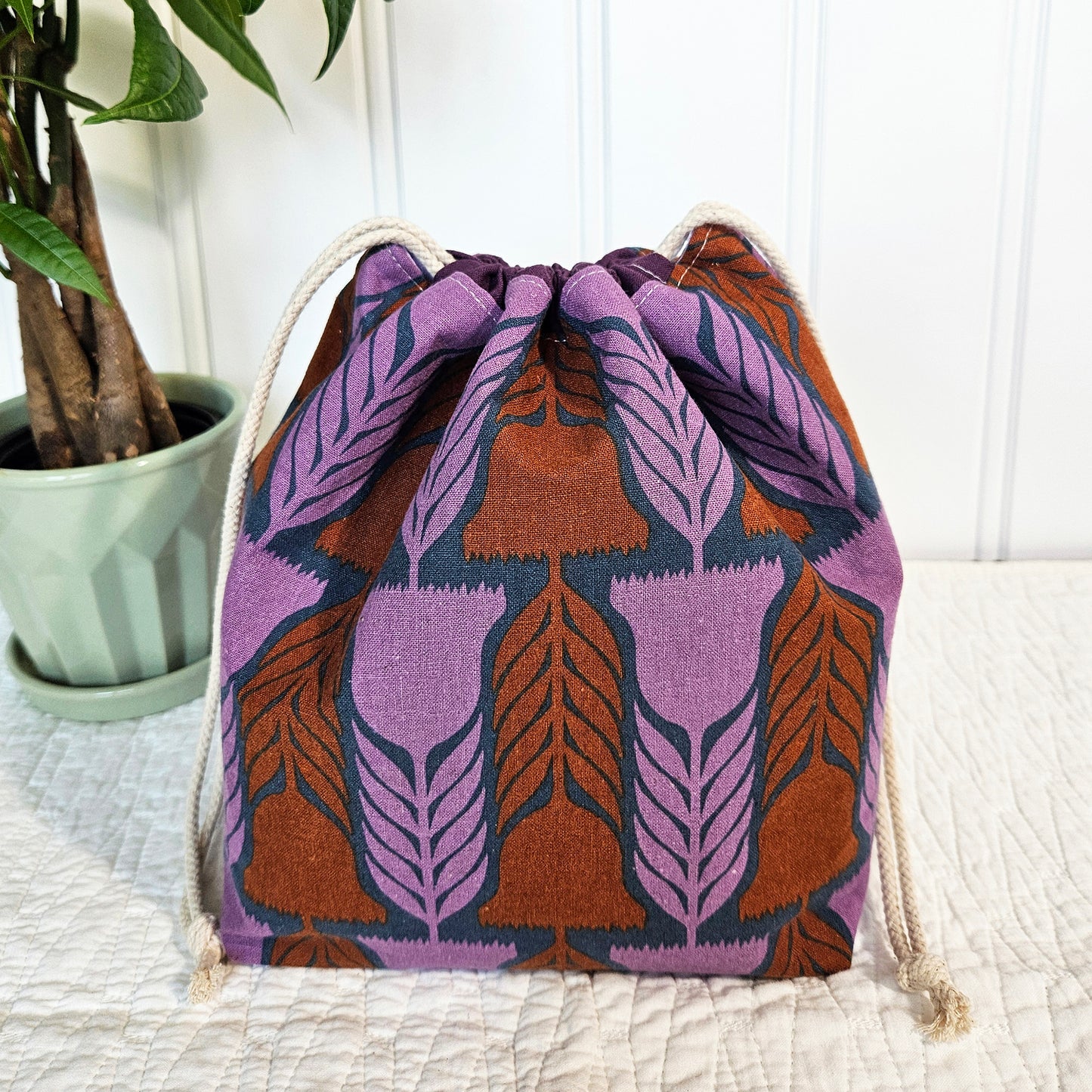 Purple Flowers Linen Divided Shawl Size Bag