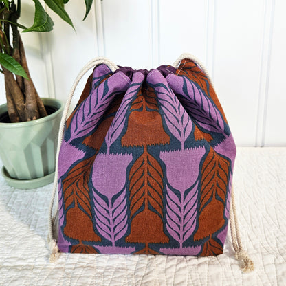 Purple Flowers Linen Divided Shawl Size Bag