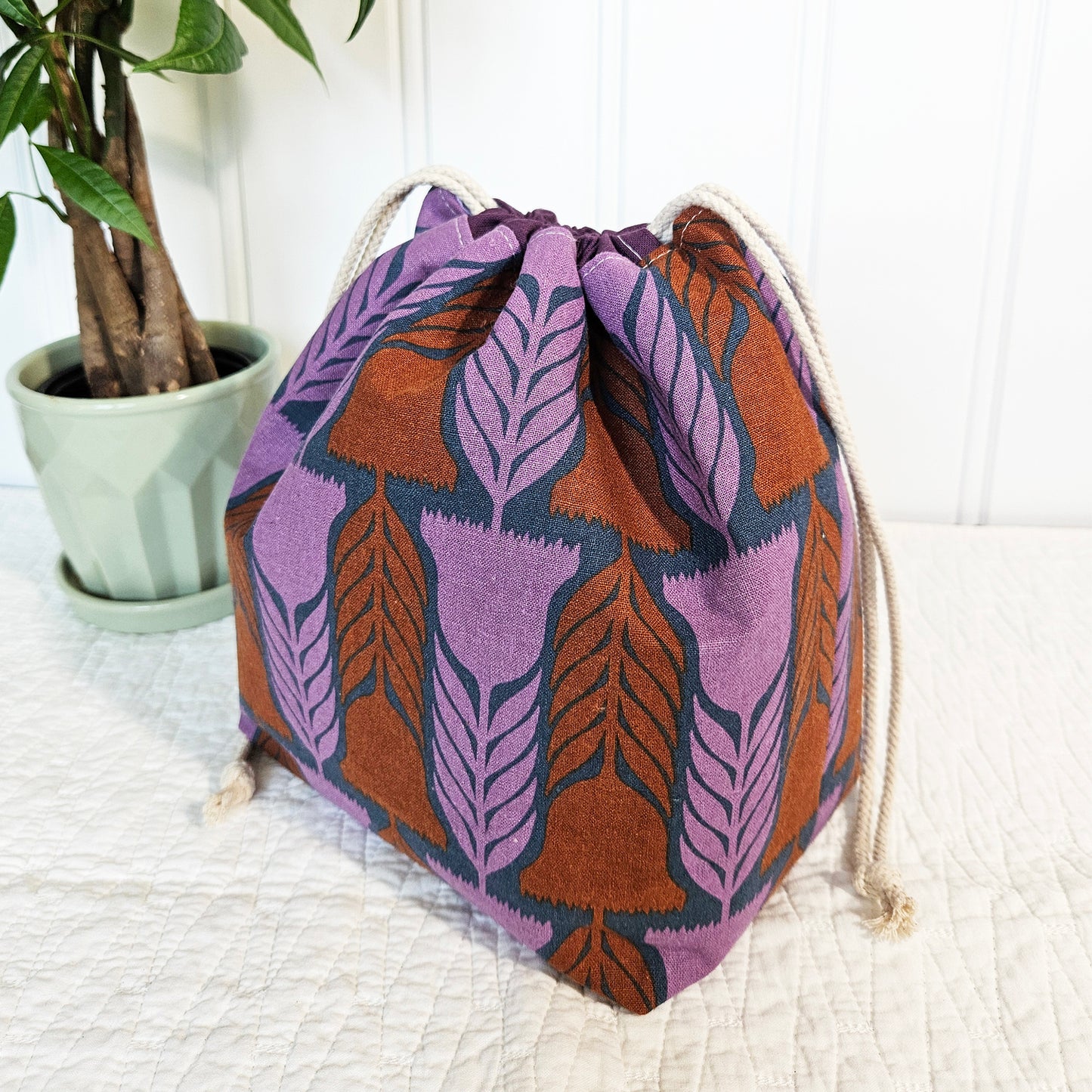 Purple Flowers Linen Divided Shawl Size Bag