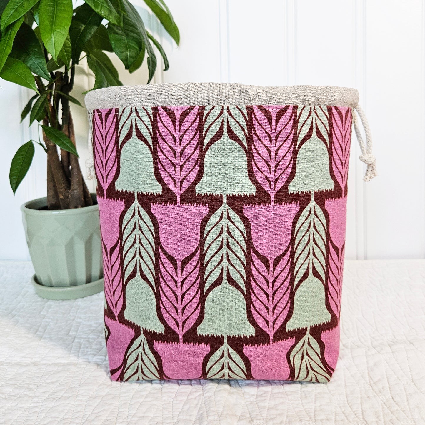 Pink Flowers Linen Divided Shawl Size Project Bag