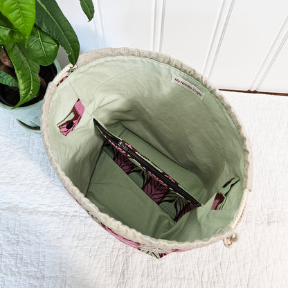 Pink Flowers Linen Divided Shawl Size Project Bag