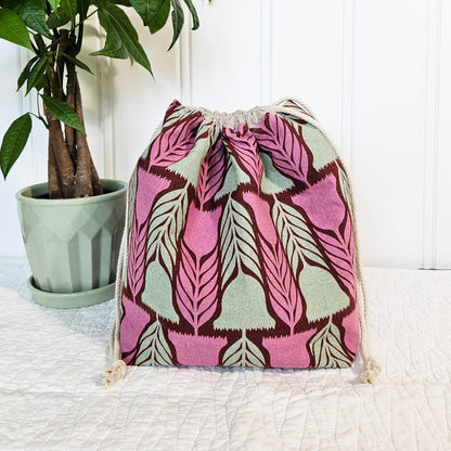 Pink Flowers Linen Divided Shawl Size Project Bag