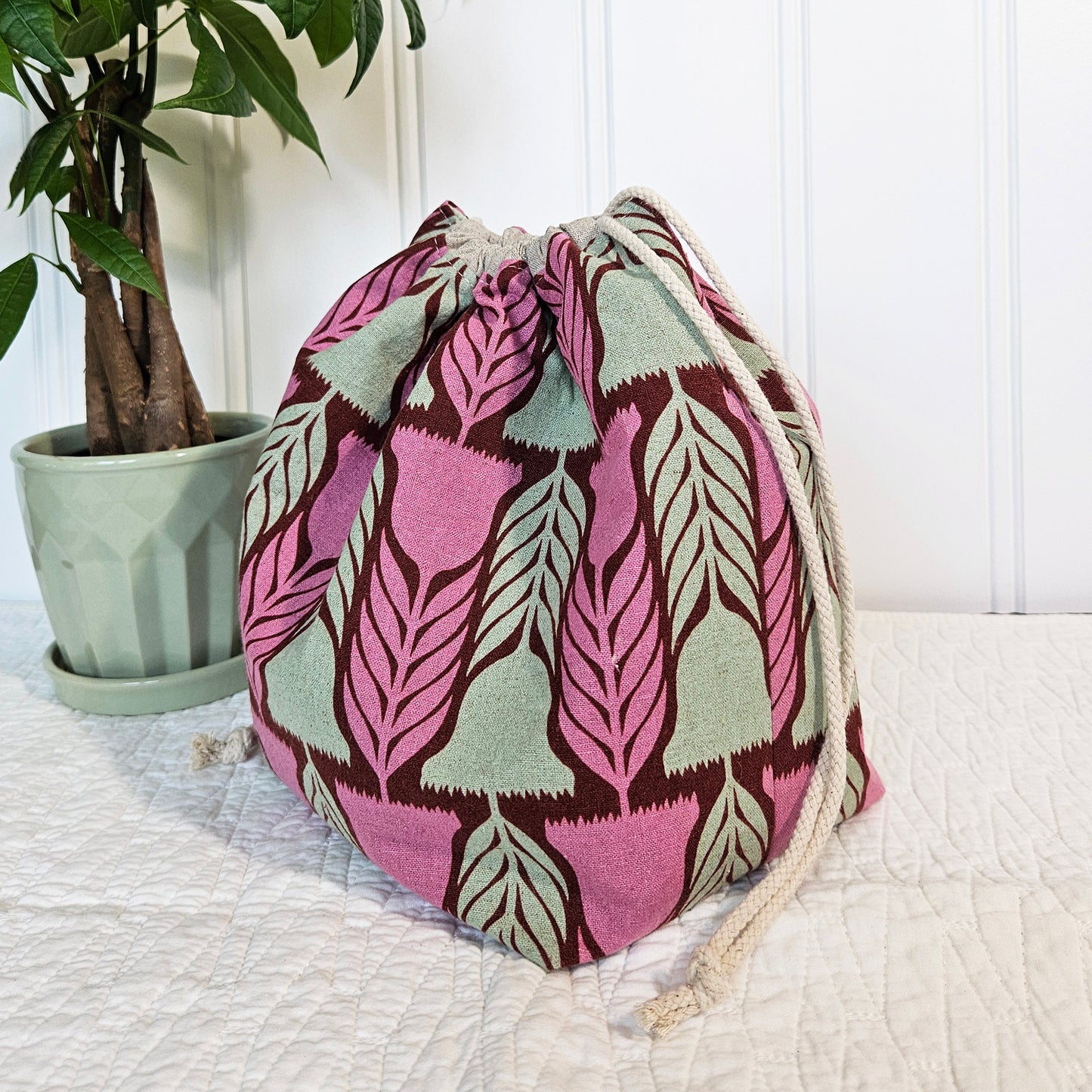 Pink Flowers Linen Divided Shawl Size Project Bag