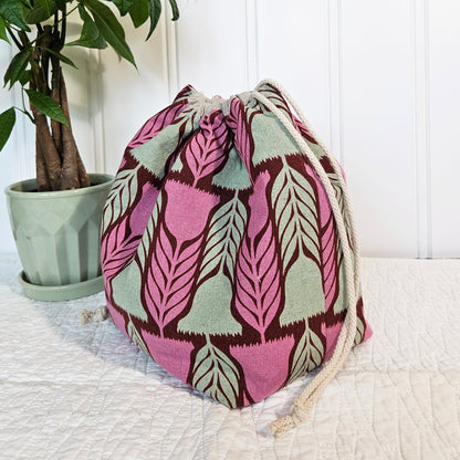 Pink Flowers Linen Divided Shawl Size Project Bag