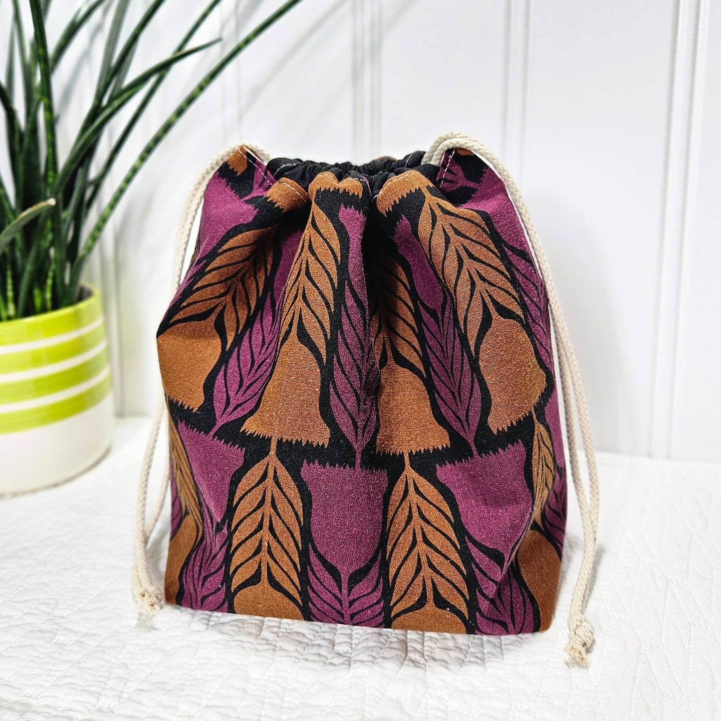 Purple and Gold Flowers Linen Divided Shawl Size Project Bag