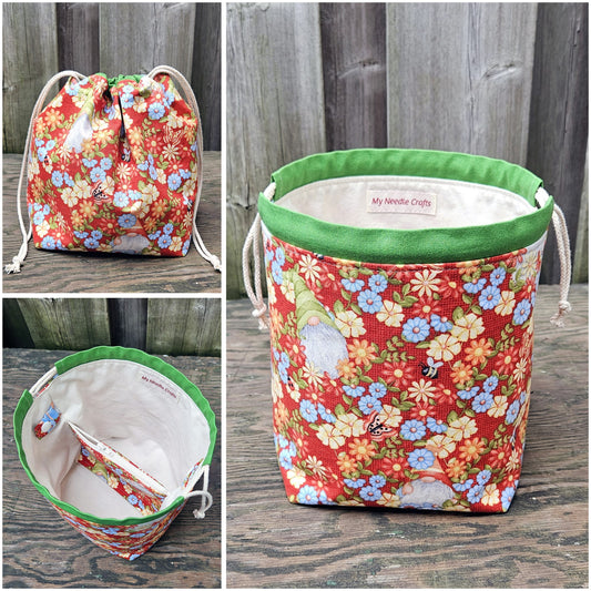 Flower Gnome Print Divided Sock Size Knitting Bag