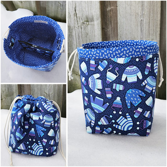 Sweater Weather (Blue) Print Divided Sock Size Knitting Bag