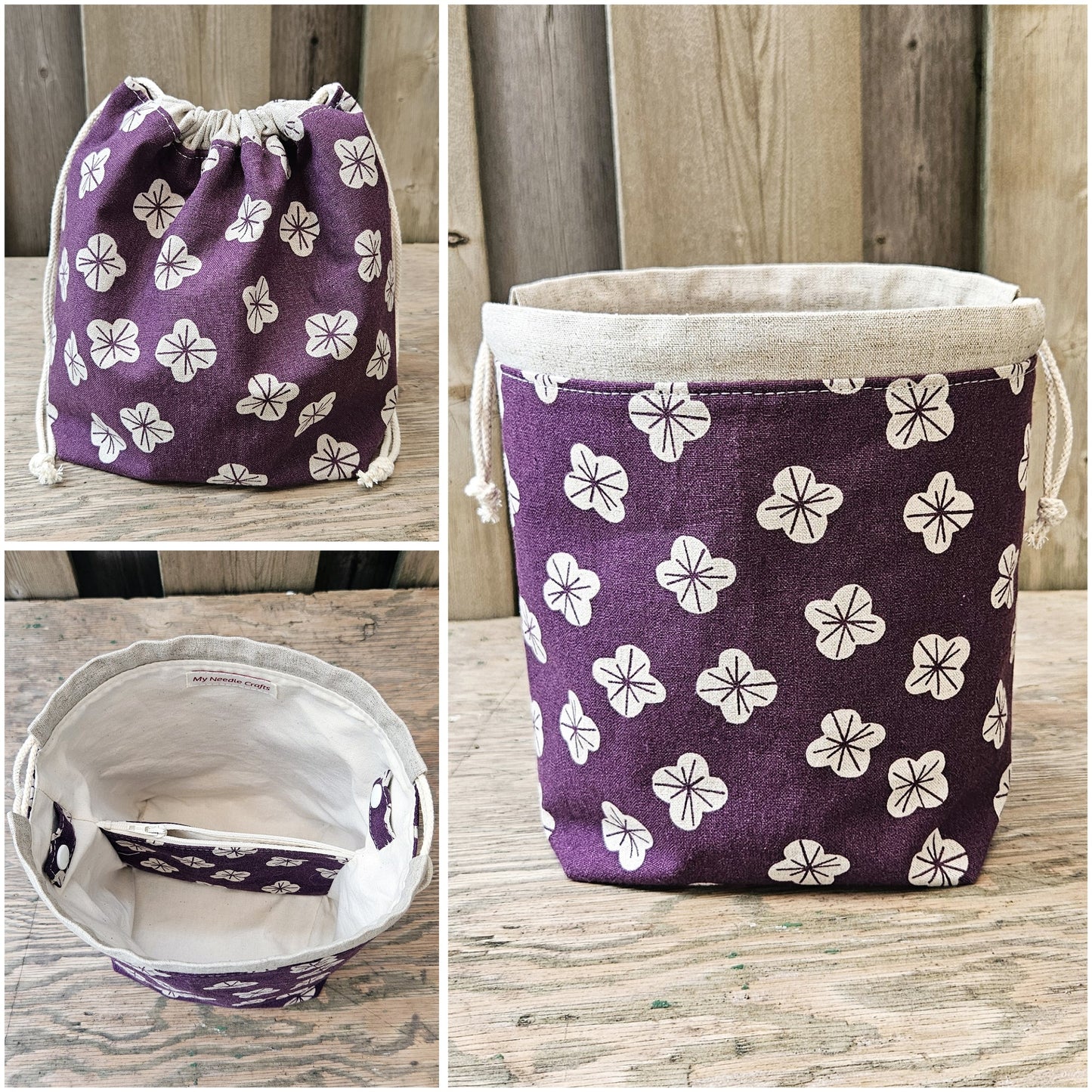Little Flowers on Purple Print Divided Sock Size Knitting Bag