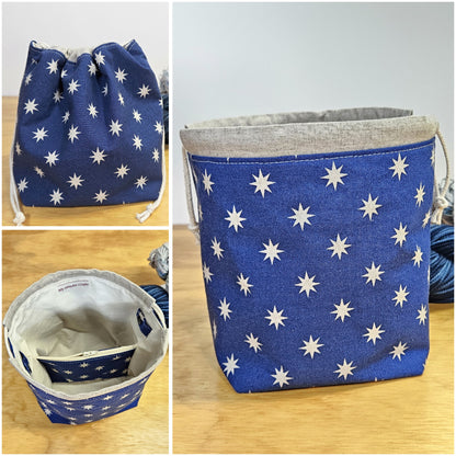 Little Stars on Blue Print Divided Sock Size Knitting Bag