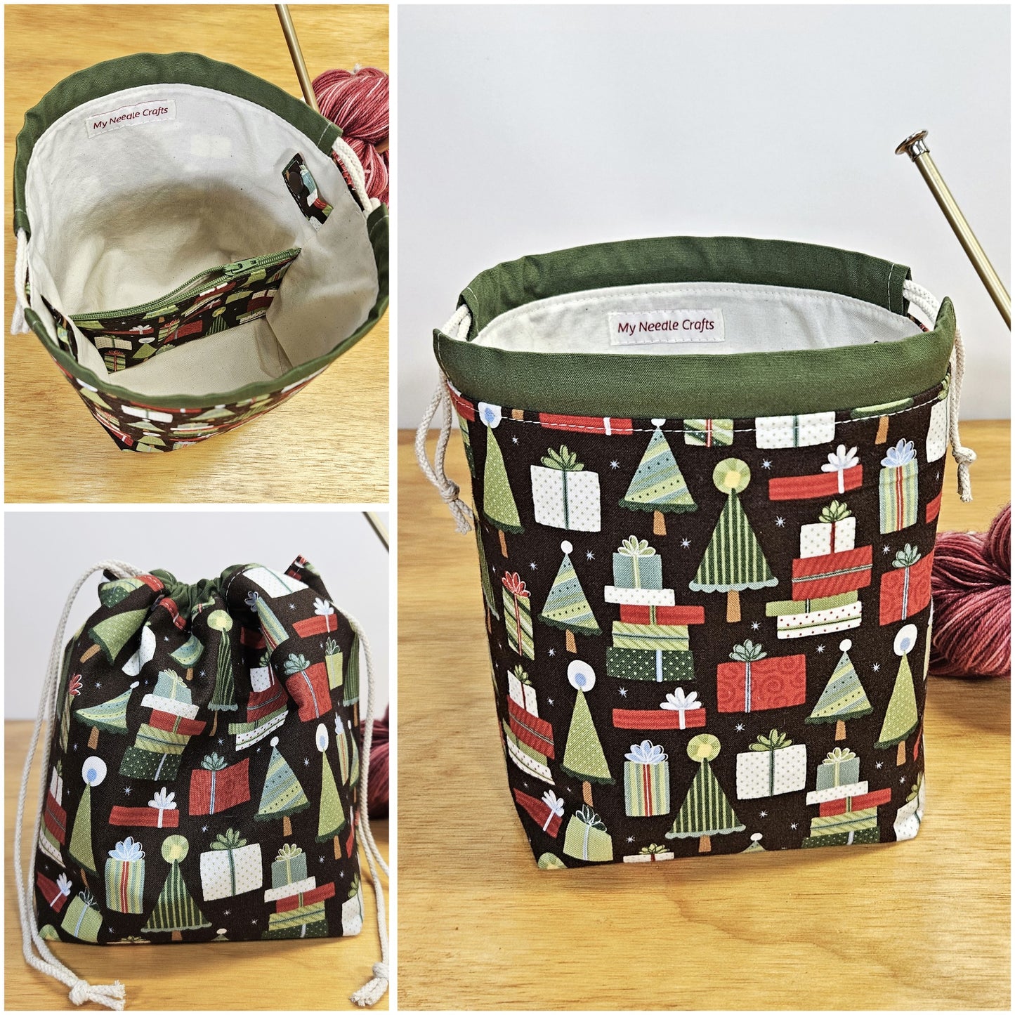 Holiday Gifts Print Divided Sock Size Knitting Bag