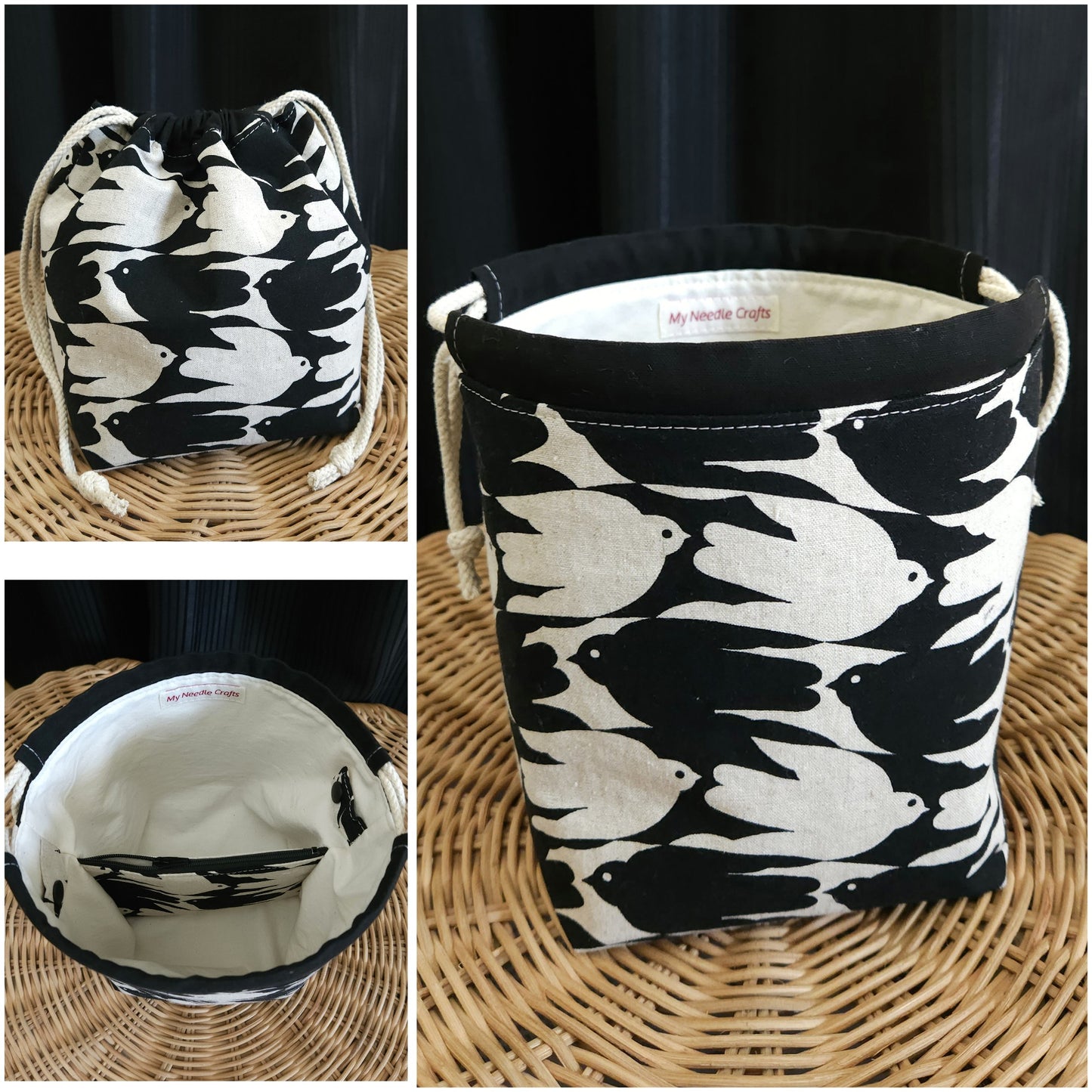 Swallow Print Linen Divided Sock Knitting Bag