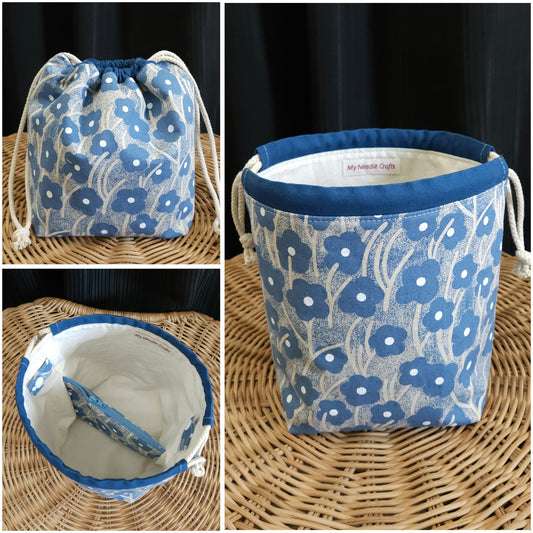 Blue Flowers Print Linen Divided Sock Knitting Bag
